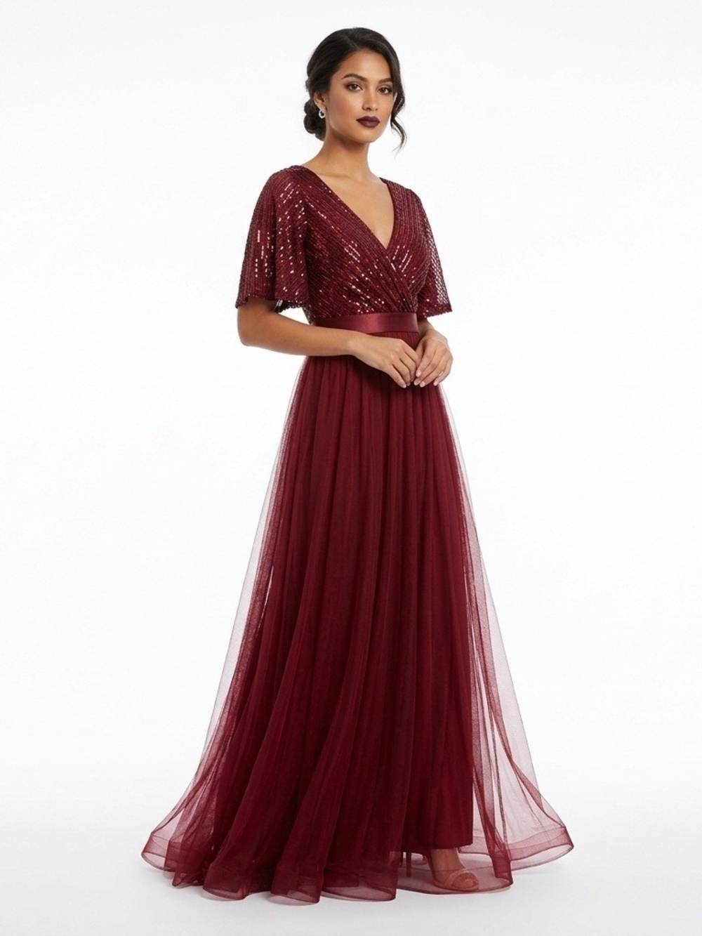 Women’s Deep Red Sequin V-Neck Maxi Dress
